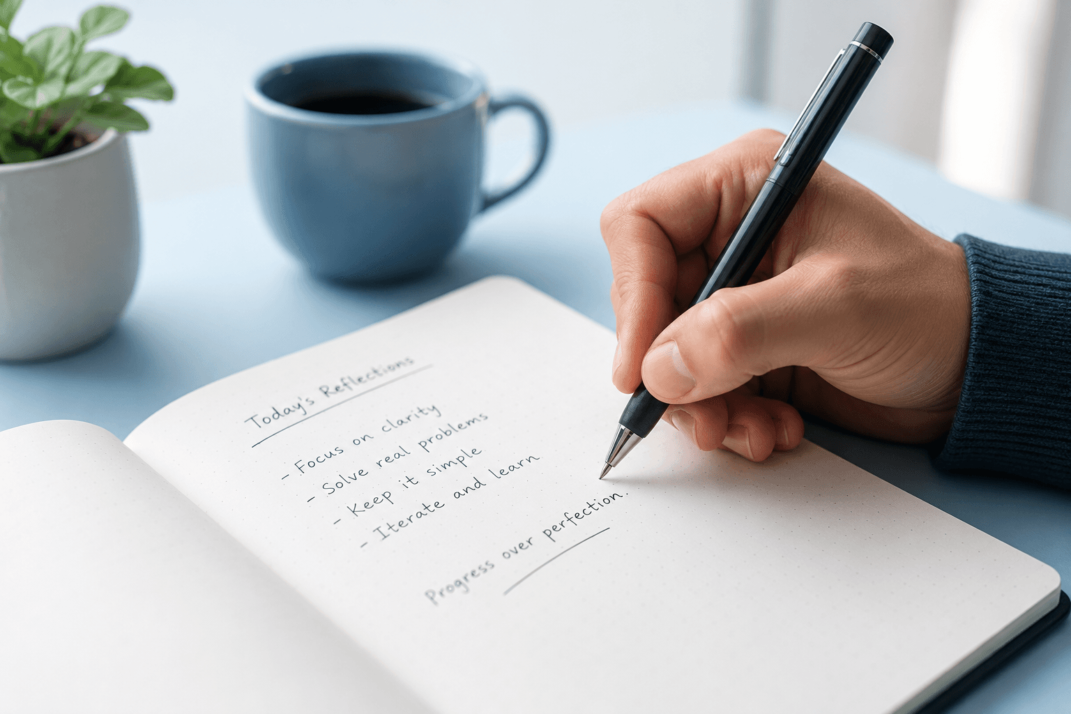 Close-up of a person's hand writing in a minimalist notebook with a black pen on a clean, light-blue desk. Soft natural light, a blurred coffee mug, and a small green plant create a calm workspace. The notebook contains a few handwritten notes, evoking reflection, planning, and thoughtful writing.