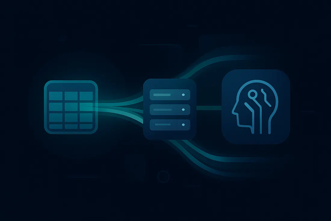 Abstract illustration with glowing data streams flowing from a spreadsheet grid icon toward a central server shape, then into an AI symbol. Soft blue and teal gradients on a black background create a clean, modern tech aesthetic.
