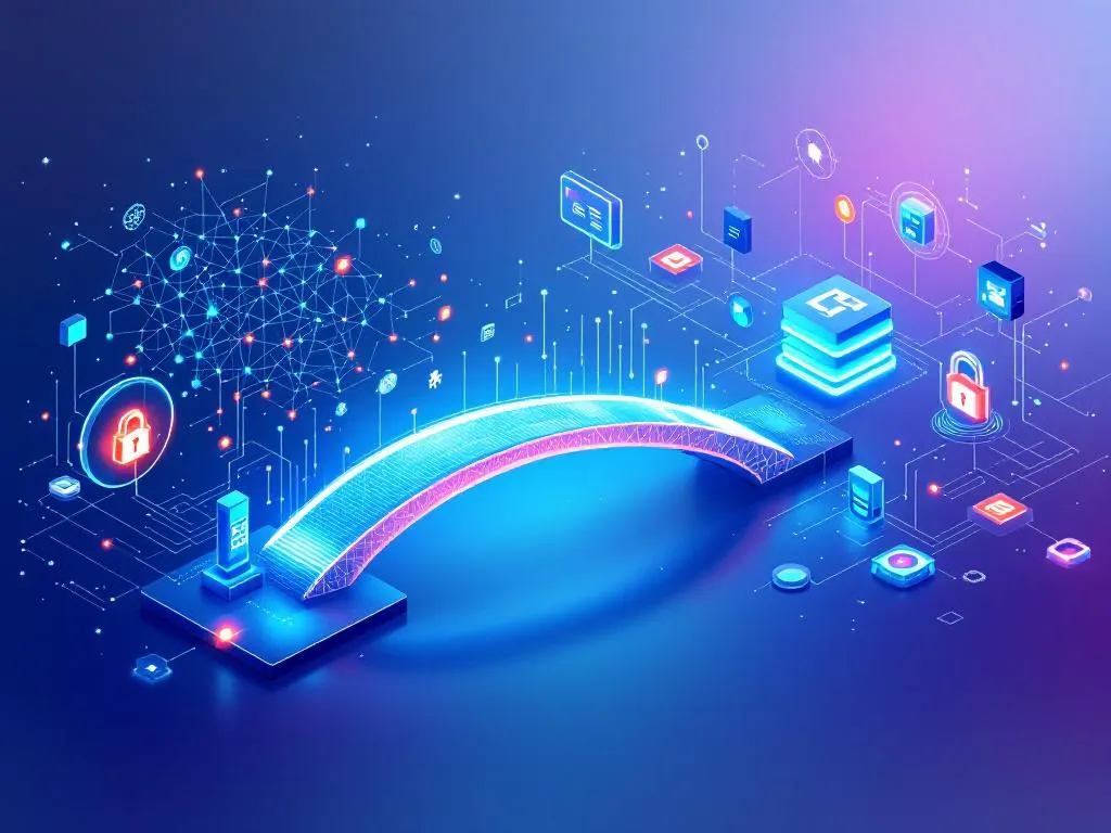 An isometric digital illustration representing a secure network or data bridge. A glowing blue, arched bridge links two distinct technical environments on a dark blue background. The left side features a complex, constellation-like web of connected nodes and digital particles with a prominent red padlock icon inside a glowing circle. The right side displays stylized, stacked server towers, security padlocks, and a network of circuit board lines connecting various floating application icons and interactive elements.