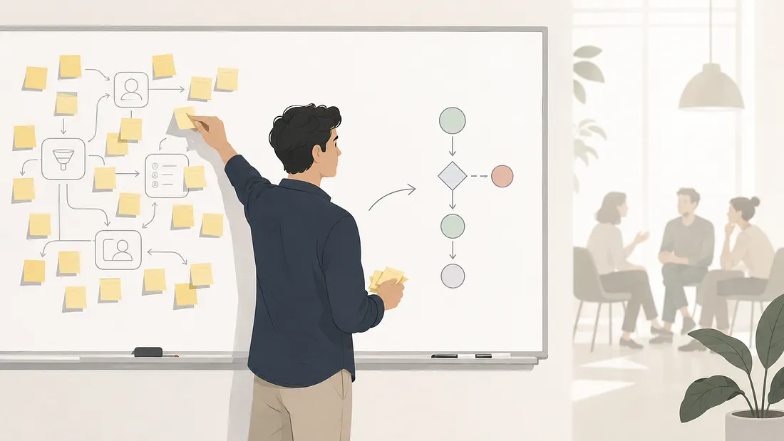 A minimalist editorial illustration shows a product manager standing at a large whiteboard, removing sticky notes from a complex feature map connected by simple CRM-style icons and abstract shapes. They turn toward a smaller, simpler approval workflow with circles, arrows, and decision nodes. In the background, faint customer silhouettes talk together, suggesting interviews that help simplify the product by focusing on the right problem before development begins.