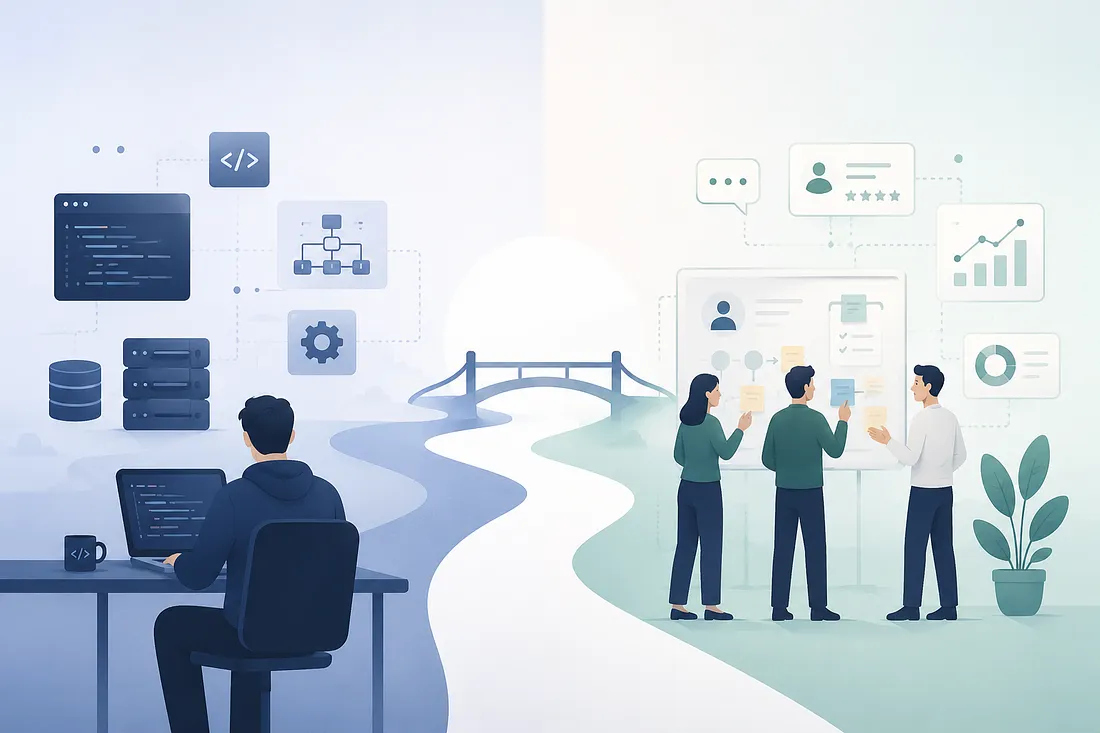 A modern minimalist illustration contrasting software development and product development. On the left, a developer works with code, databases, and system diagrams in cool blue tones. On the right, a product team collaborates around user feedback, analytics, and planning in soft green tones. A winding path and bridge connect both sides, symbolizing the link between building systems and solving user problems.