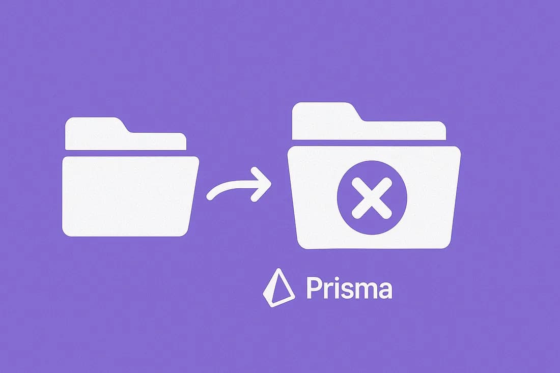 An infographic on a purple background showing a white folder icon with an arrow pointing to a larger white folder containing a circled 'X' symbol, signifying a deleted or restricted folder. Below the folder icons is the Prisma logo accompanied by the text 'Prisma'.